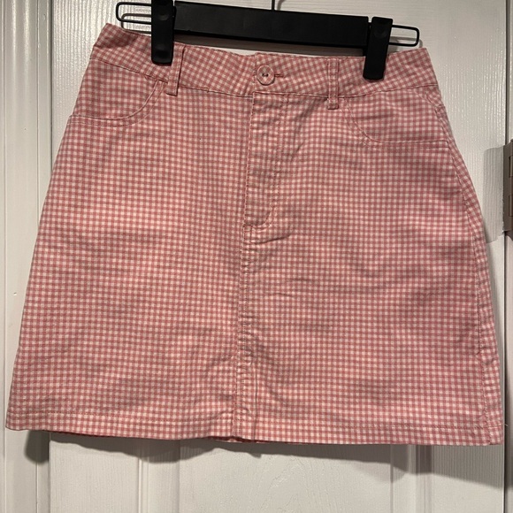 Forever 21 Pink White Gingham Cotton Stretch A Line Mini Skirt Pockets Size S - Picture 1 of 10